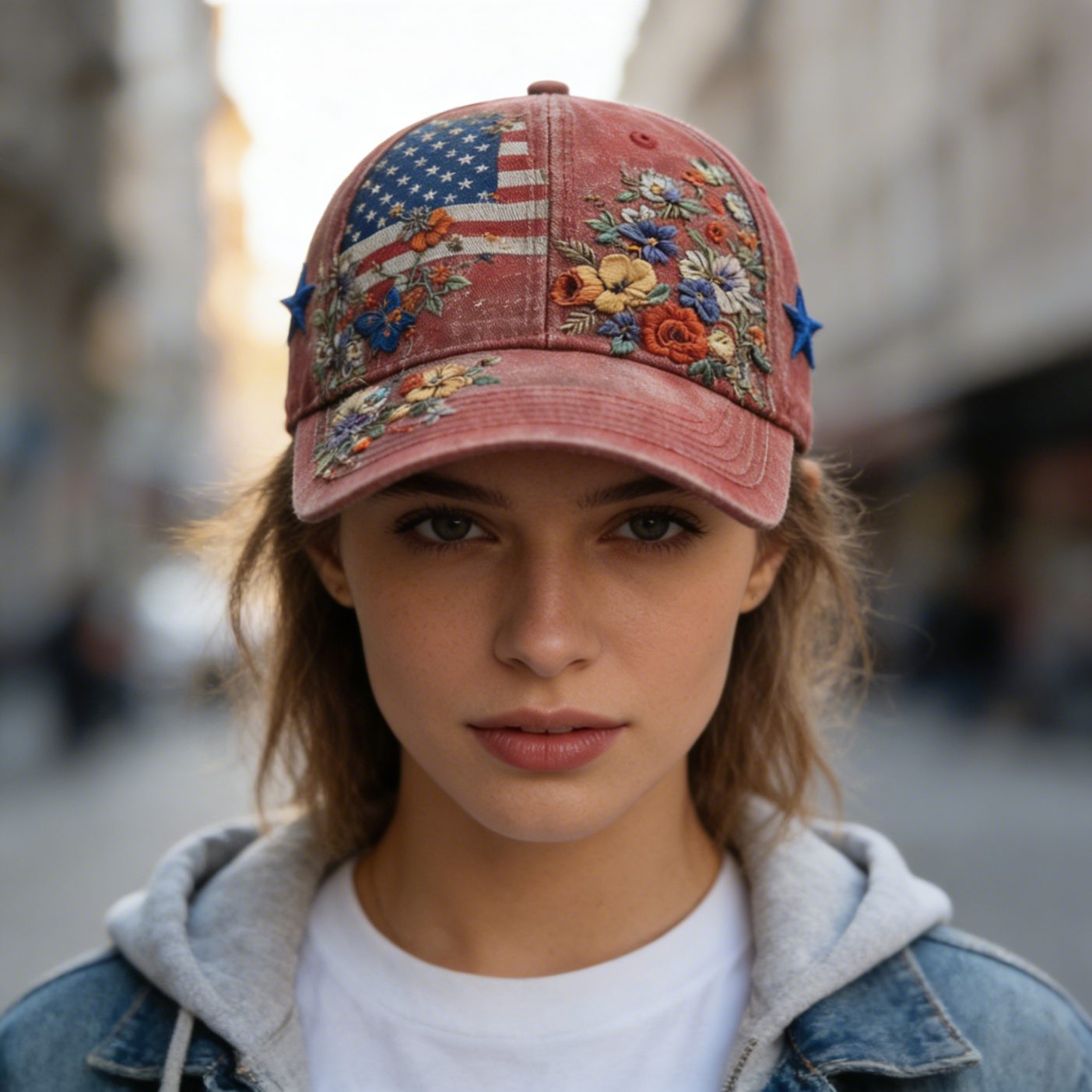 Vintage Distressed American Flag Floral Embroidered Baseball Cap - Patriotic Washed Denim Hat