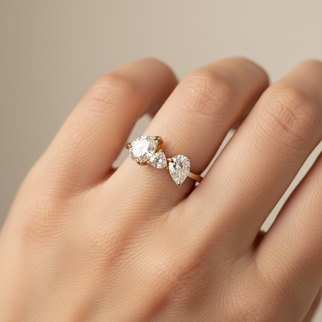 Three-Stone Pear & Trillion Diamond Ring – Golden Sparkle of Asymmetrical Love
