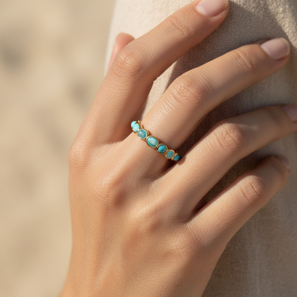 Ocean Gradient Gemstone Eternity Ring – Golden Waves of Serenity