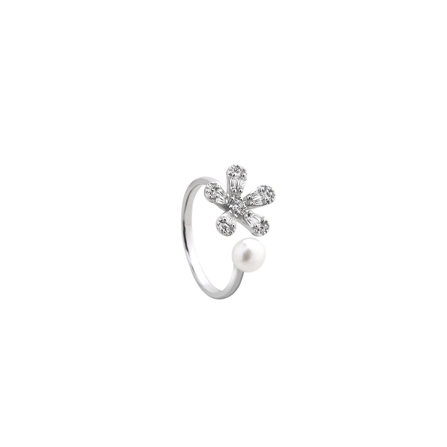Daisy Diamond & Pearl Open Ring – Golden Bloom with Pearl Dewdrop