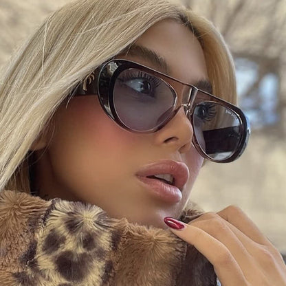 Oval Frame Wide Temples Vintage Aviator Sunglasses