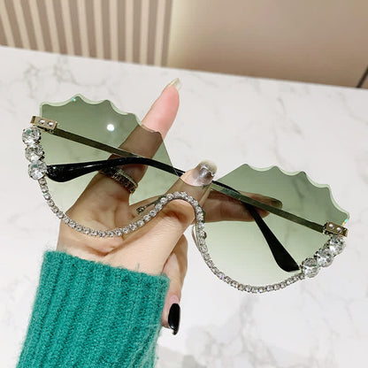 Rhinestone Decor Wave Frame Oversized Rimless Sunglasses