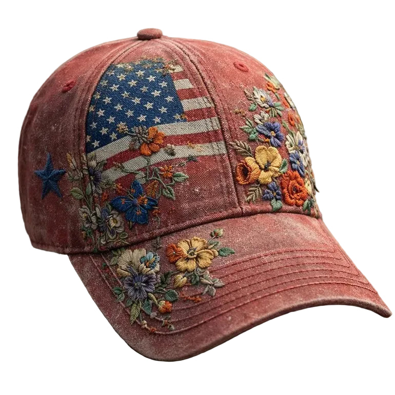 Vintage Distressed American Flag Floral Embroidered Baseball Cap - Patriotic Washed Denim Hat