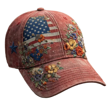 Vintage Distressed American Flag Floral Embroidered Baseball Cap - Patriotic Washed Denim Hat