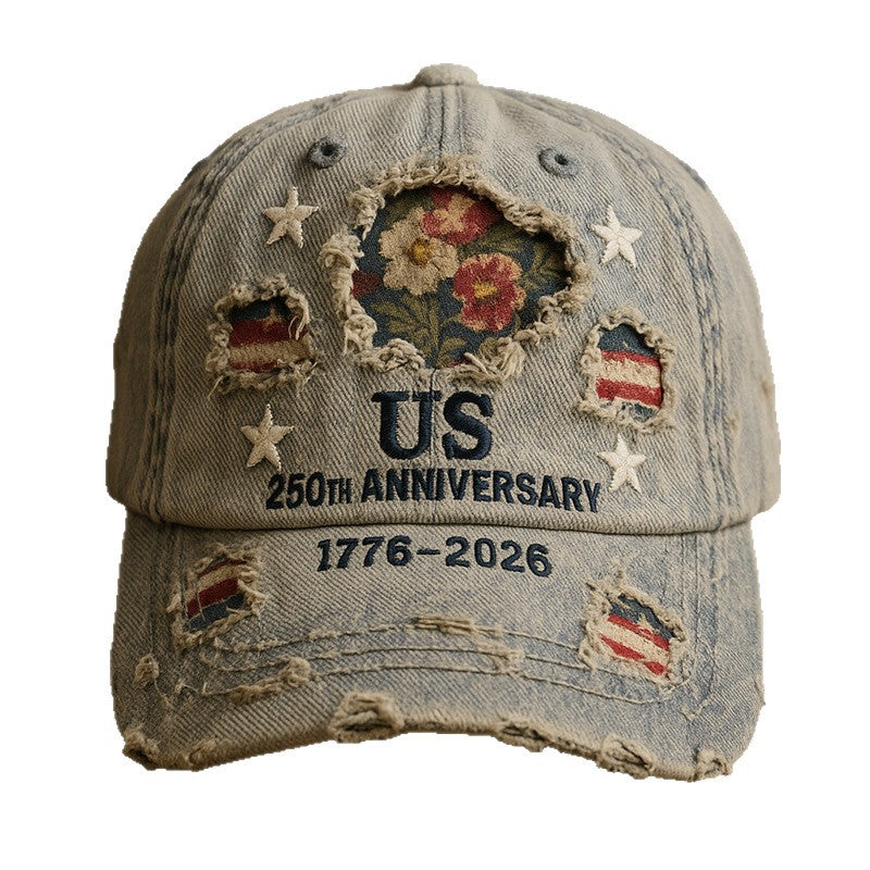 Vintage Distressed 250th Anniversary Cap – Patriotic Floral & Flag Pride