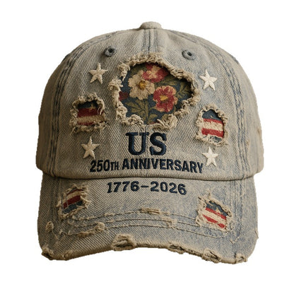 Vintage Distressed 250th Anniversary Cap – Patriotic Floral & Flag Pride