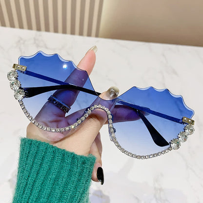 Rhinestone Decor Wave Frame Oversized Rimless Sunglasses