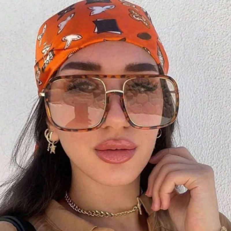 Tortoise Pattern Flat Top Square Frame Double Bridges Sunglasses