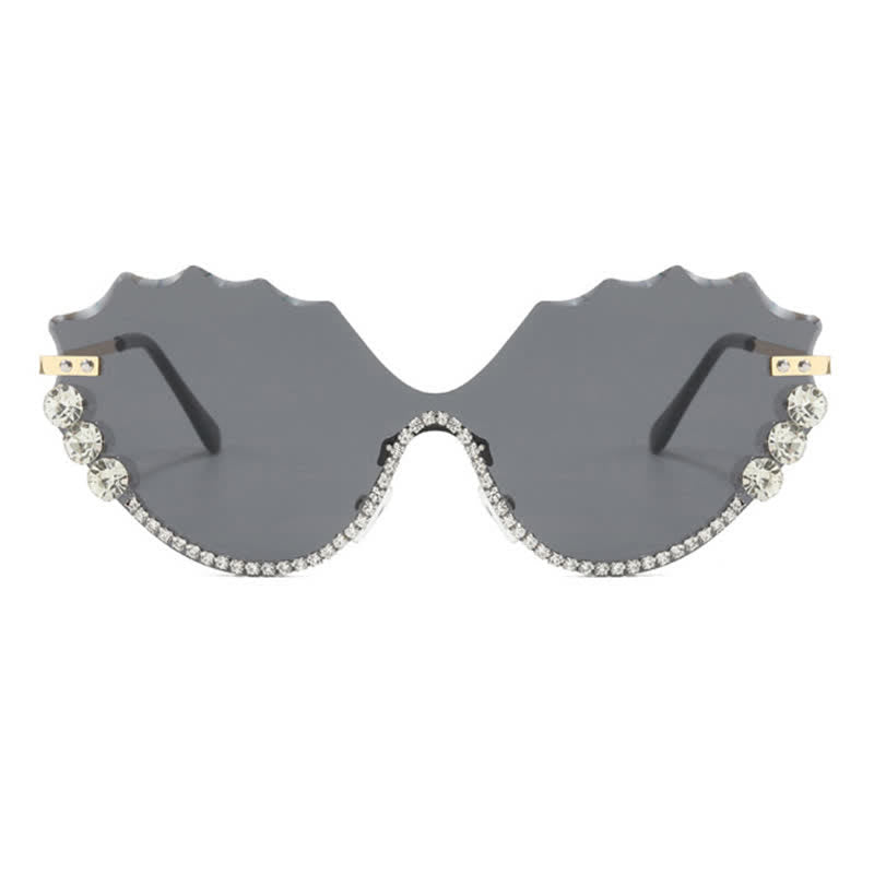 Rhinestone Decor Wave Frame Oversized Rimless Sunglasses