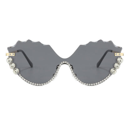 Rhinestone Decor Wave Frame Oversized Rimless Sunglasses