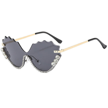 Rhinestone Decor Wave Frame Oversized Rimless Sunglasses