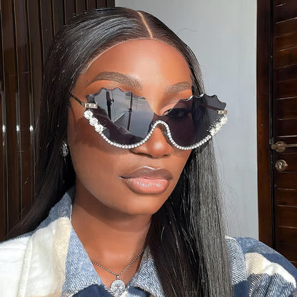 Rhinestone Decor Wave Frame Oversized Rimless Sunglasses