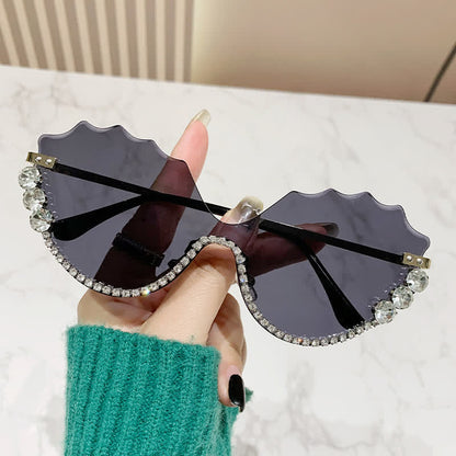 Rhinestone Decor Wave Frame Oversized Rimless Sunglasses