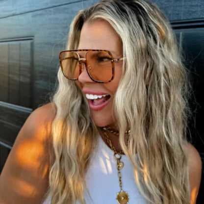 Tortoise Pattern Flat Top Square Frame Double Bridges Sunglasses