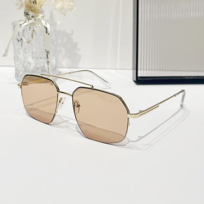 Trendy Retro Semi-Rimless Double Bridges Aviator Sunglasses