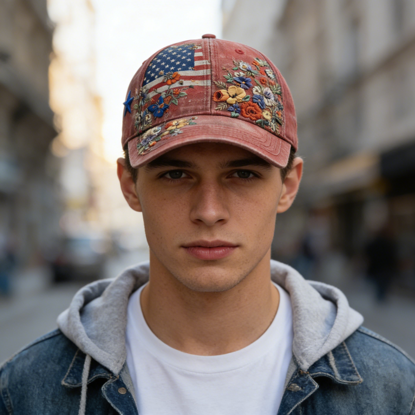 Vintage Distressed American Flag Floral Embroidered Baseball Cap - Patriotic Washed Denim Hat