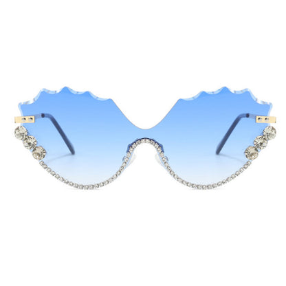 Rhinestone Decor Wave Frame Oversized Rimless Sunglasses
