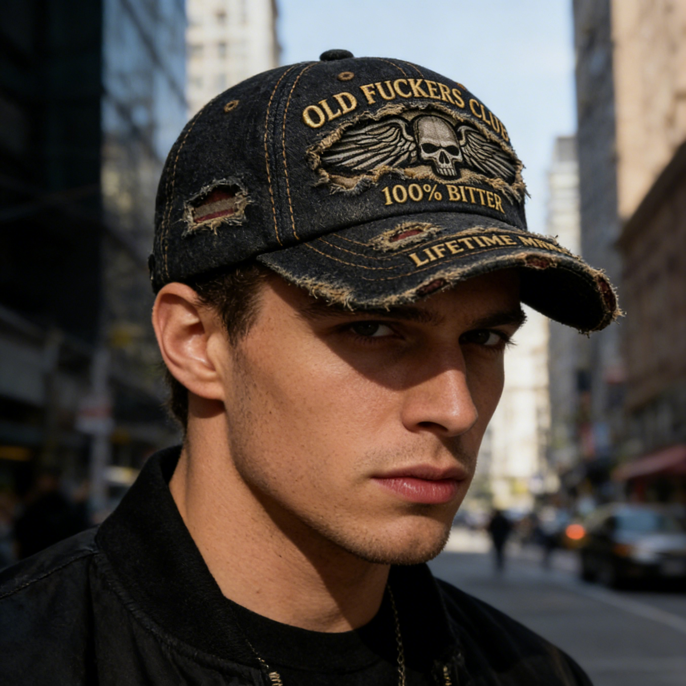 Vintage Distressed Denim Cap – Classic Skull Wing Statement Hat