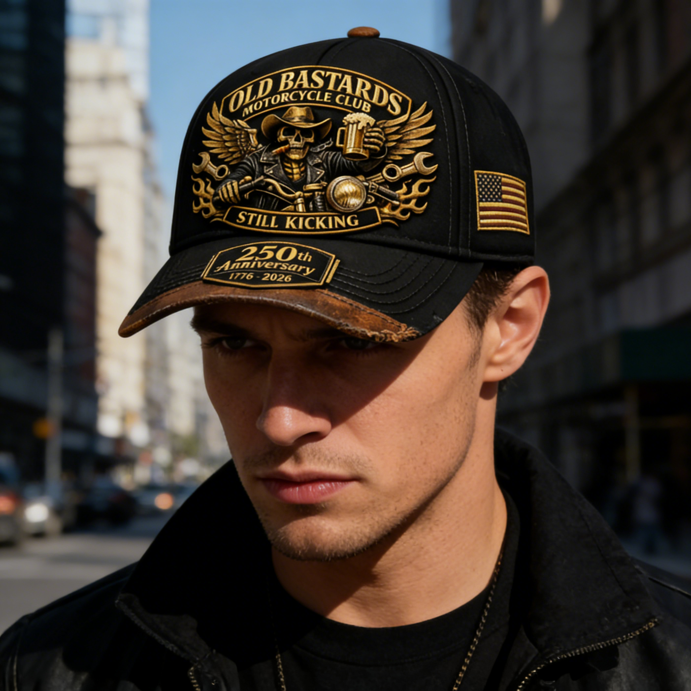 Vintage Distressed Biker Cap – 250th Anniversary Motorcycle Club Style