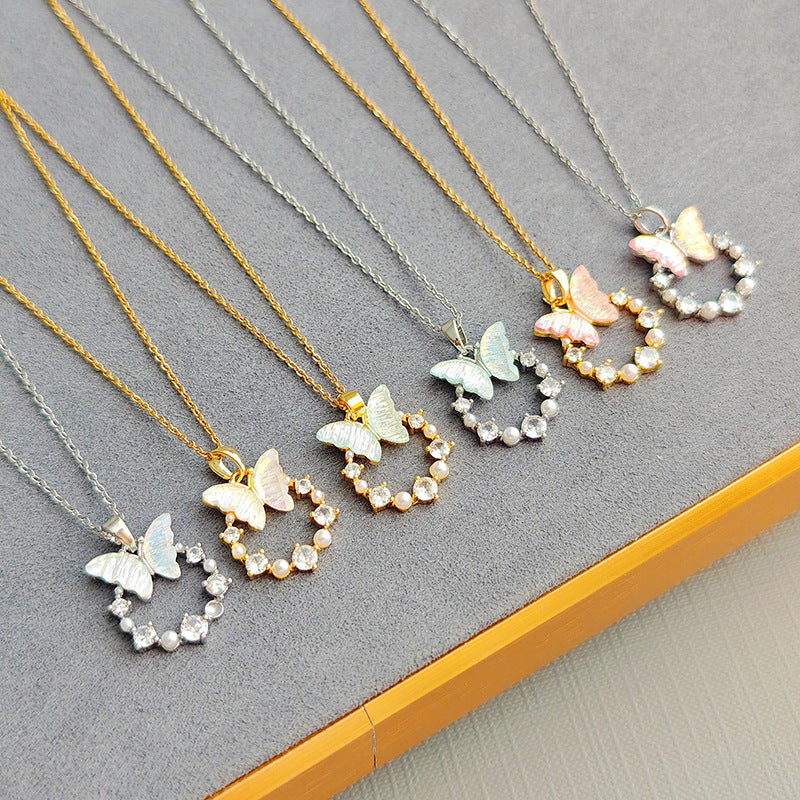 Butterfly & Pearl Circle Pendant – Graceful Sparkle for Your Neckline