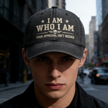 Vintage Washed Cap – "I Am Who I Am" Skull Wing Embroidery