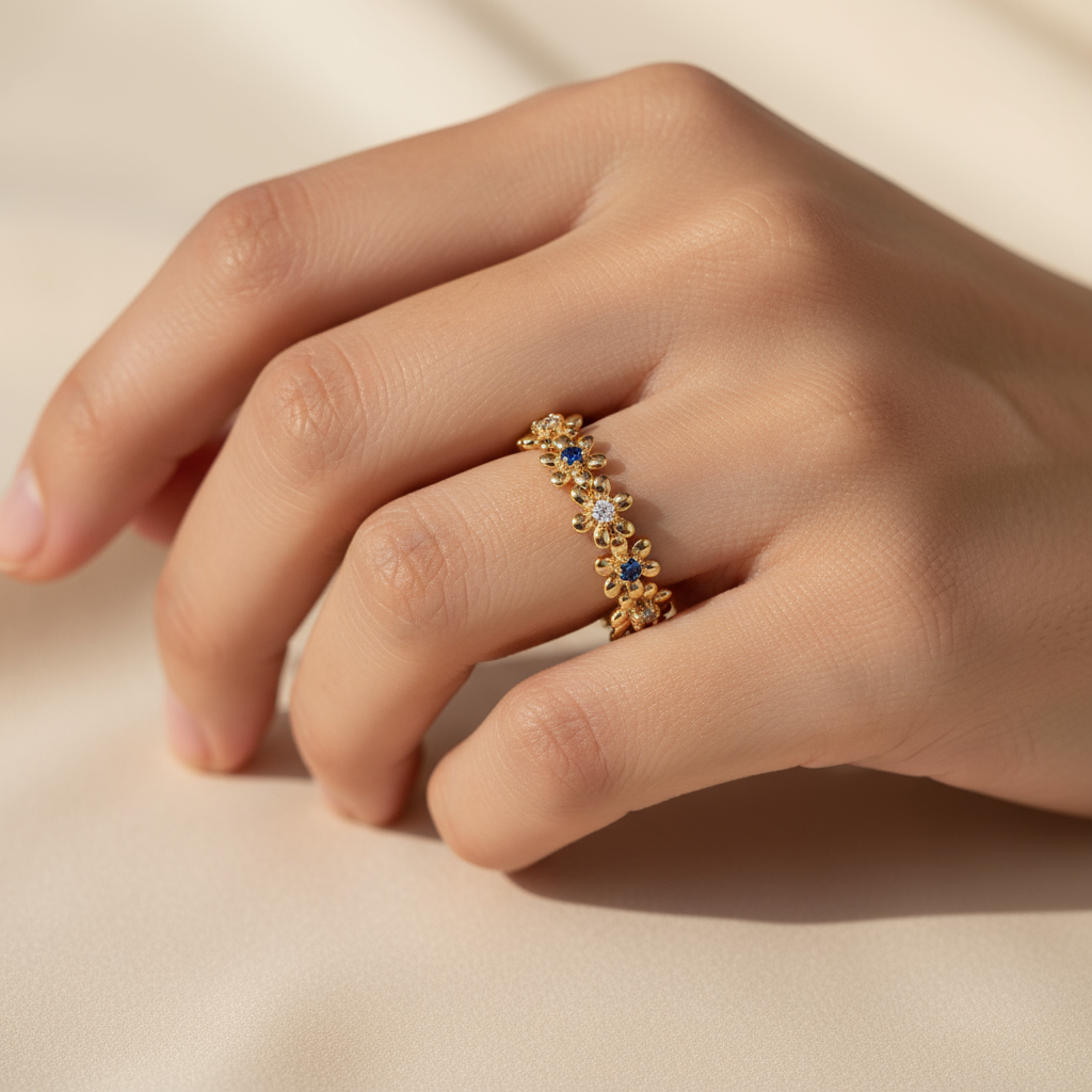 Floral Diamond & Sapphire Eternity Ring – Golden Garden of Sparkling Blooms