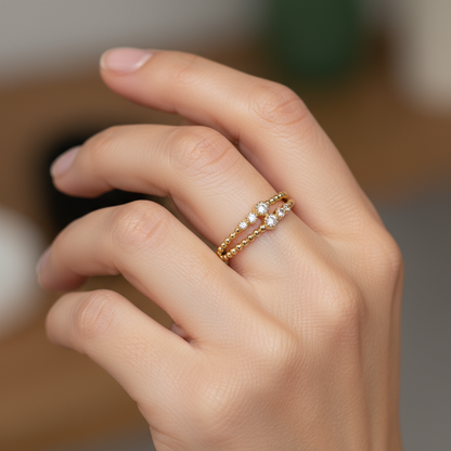 Double Row Beaded Diamond Ring – Golden Dots & Sparkling Whispers
