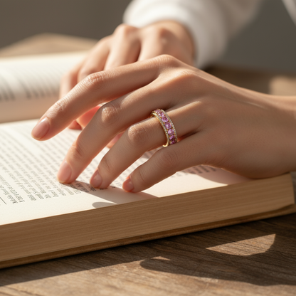 Pink Sapphire Double Row Eternity Ring – Golden Sparkle of Sweet Luxury