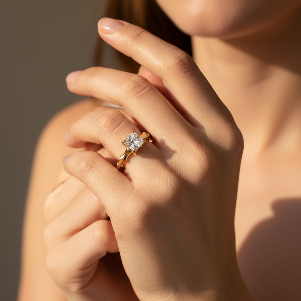 Four-Prong Bamboo Princess Ring – Minimalist Sparkle with Oriental Charm