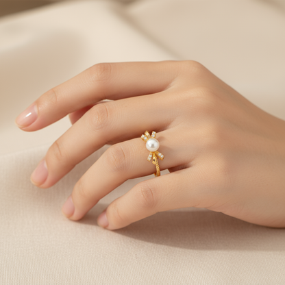 Bow Pearl & Diamond Ring – Golden Ribbon with Pearl Kiss