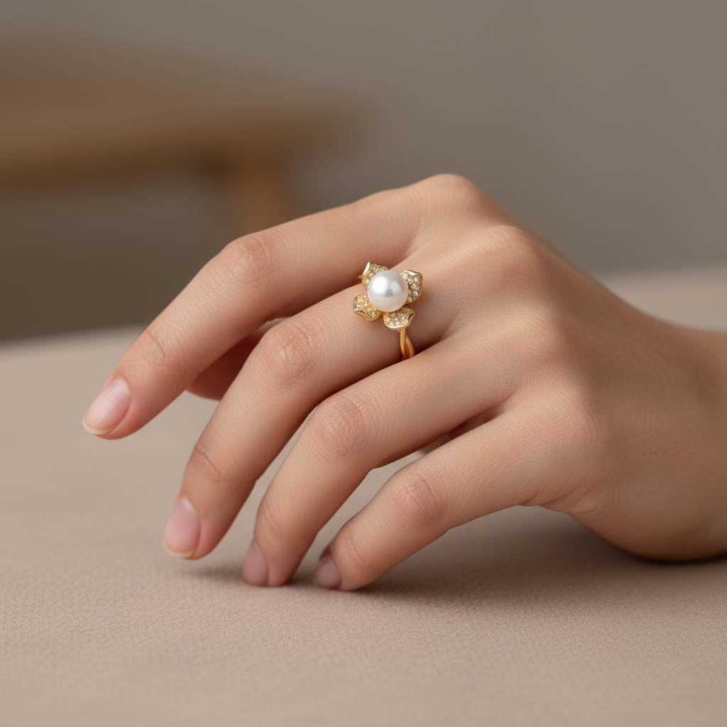 Pearl Flower Diamond Ring – Golden Bloom with Pearl Heart