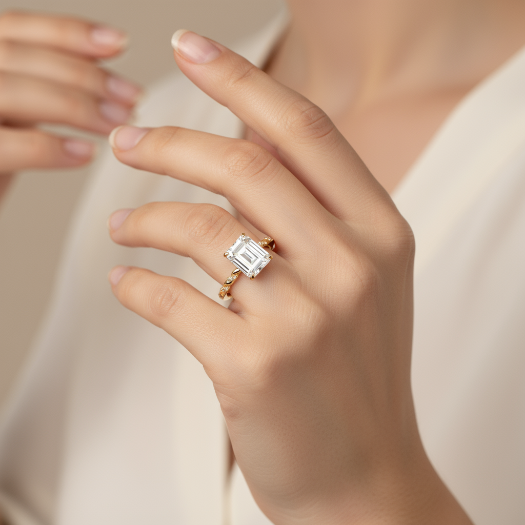 Twisted Band Emerald Cut Ring – Golden Weave Holding Timeless Clarity