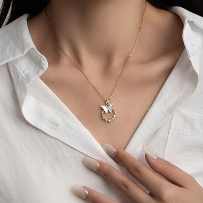 Butterfly & Pearl Circle Pendant – Graceful Sparkle for Your Neckline