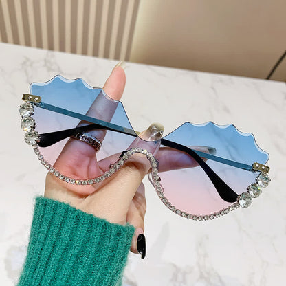 Rhinestone Decor Wave Frame Oversized Rimless Sunglasses
