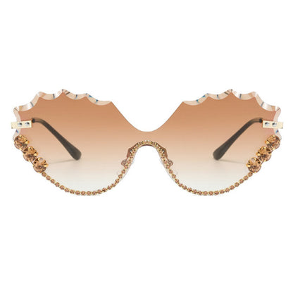 Rhinestone Decor Wave Frame Oversized Rimless Sunglasses