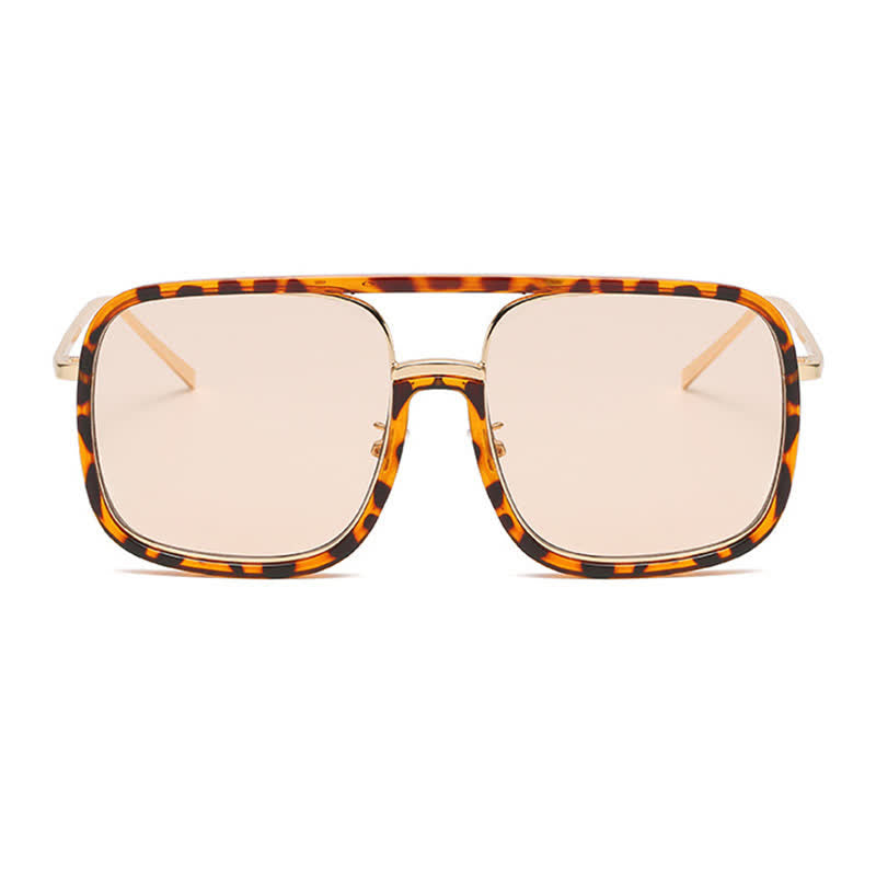 Tortoise Pattern Flat Top Square Frame Double Bridges Sunglasses