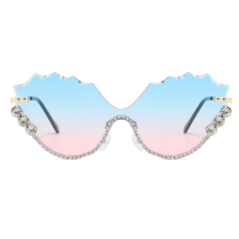 Rhinestone Decor Wave Frame Oversized Rimless Sunglasses