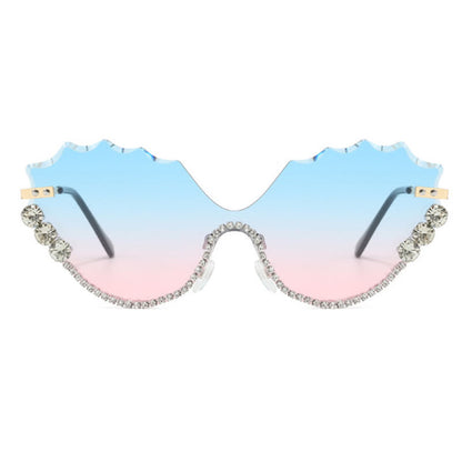 Rhinestone Decor Wave Frame Oversized Rimless Sunglasses
