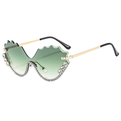 Rhinestone Decor Wave Frame Oversized Rimless Sunglasses