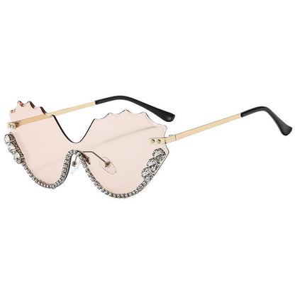 Rhinestone Decor Wave Frame Oversized Rimless Sunglasses