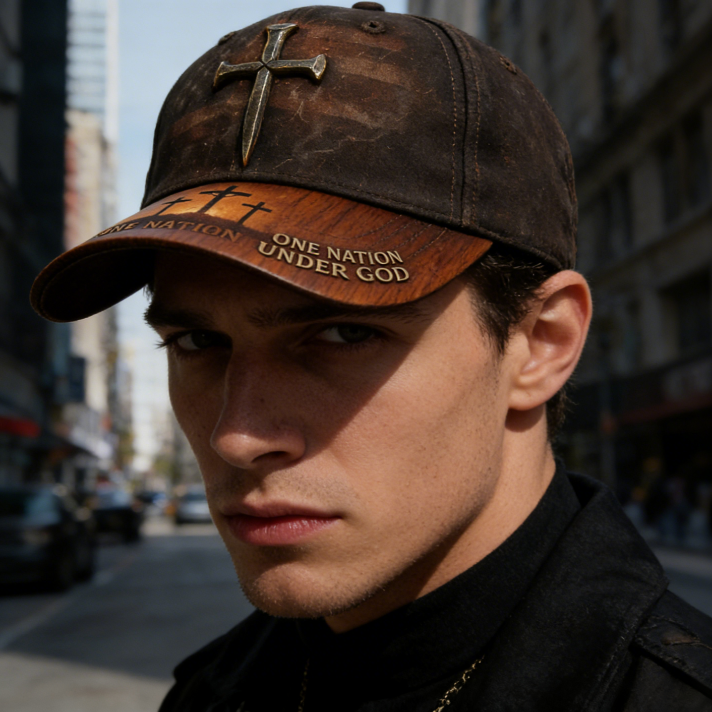 Vintage Distressed Cap – One Nation Under God Cross & Flag Hat