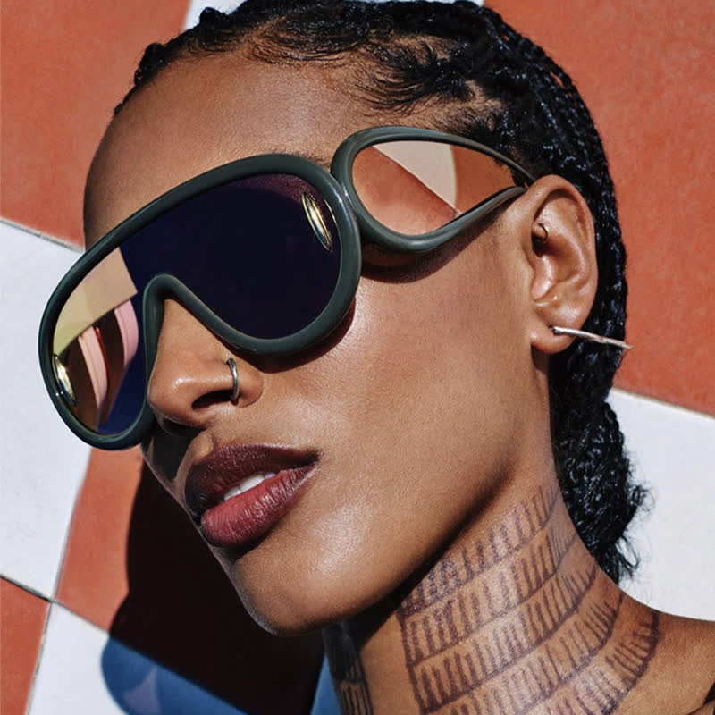 Steampunk One-piece Frame Oversized Mirrored Sunglasses