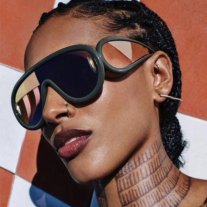 Steampunk One-piece Frame Oversized Mirrored Sunglasses