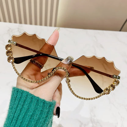 Rhinestone Decor Wave Frame Oversized Rimless Sunglasses