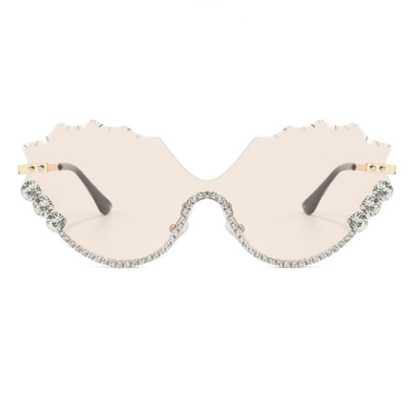 Rhinestone Decor Wave Frame Oversized Rimless Sunglasses