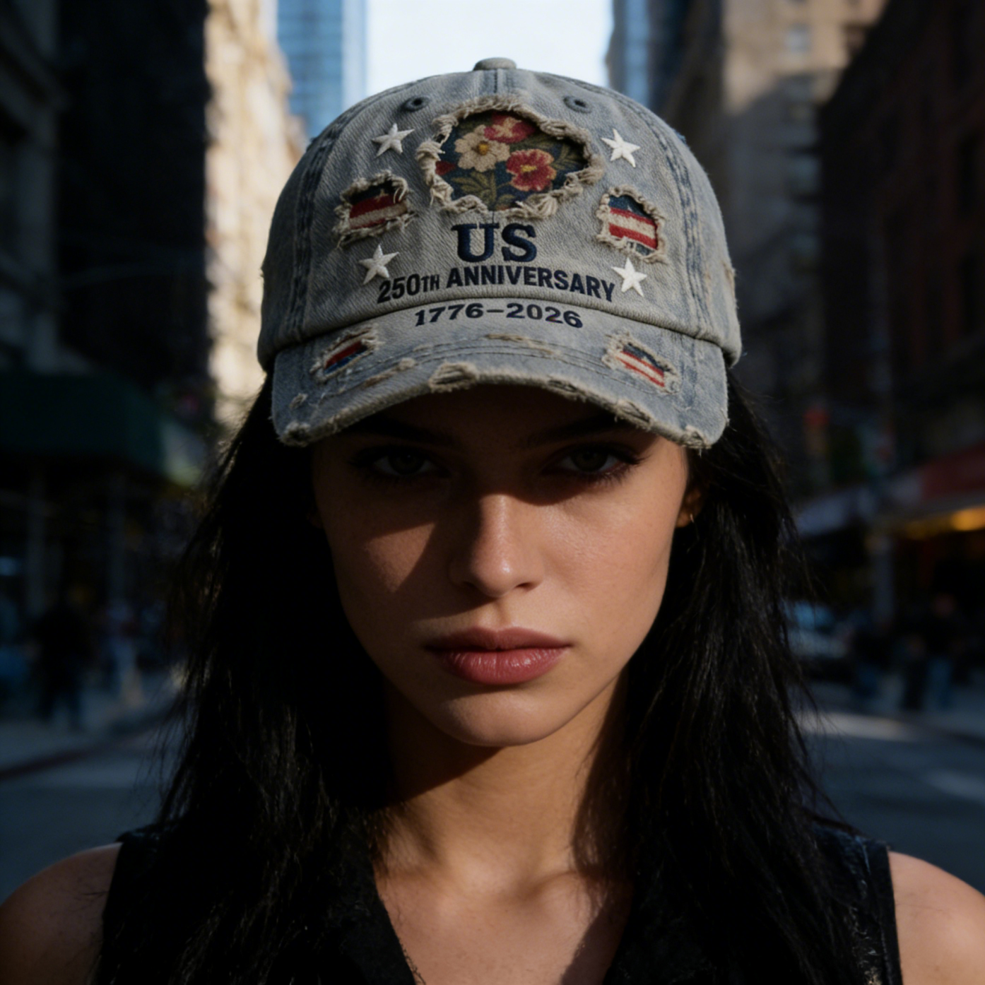 Vintage Distressed 250th Anniversary Cap – Patriotic Floral & Flag Pride