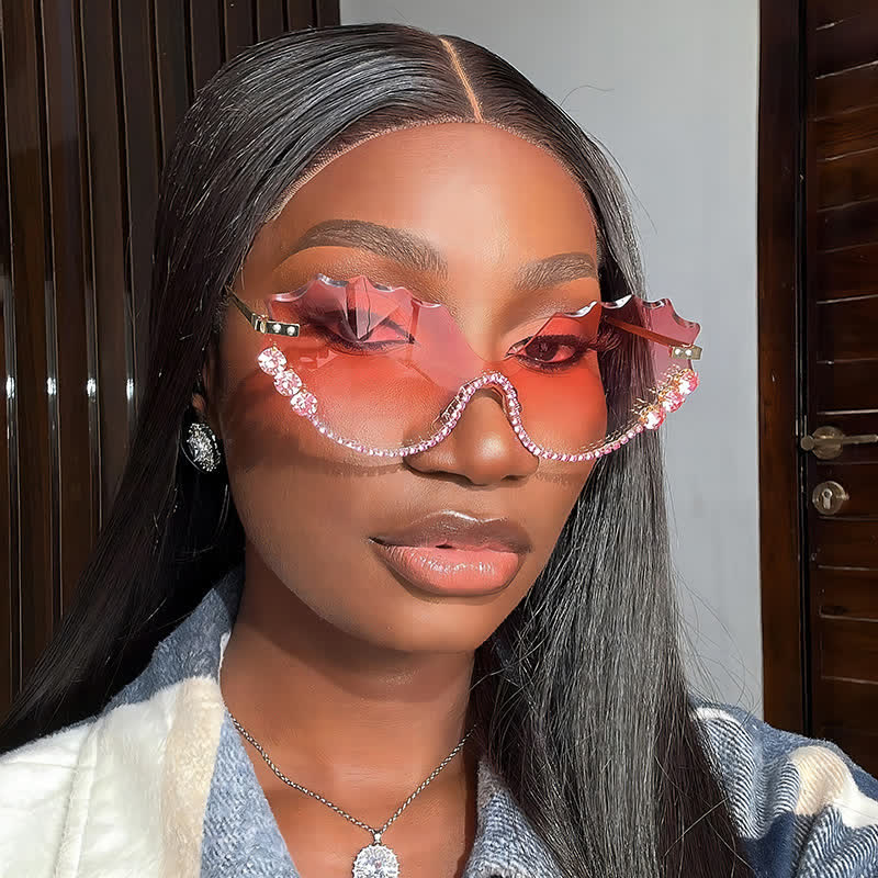 Rhinestone Decor Wave Frame Oversized Rimless Sunglasses