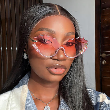 Rhinestone Decor Wave Frame Oversized Rimless Sunglasses