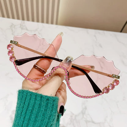 Rhinestone Decor Wave Frame Oversized Rimless Sunglasses