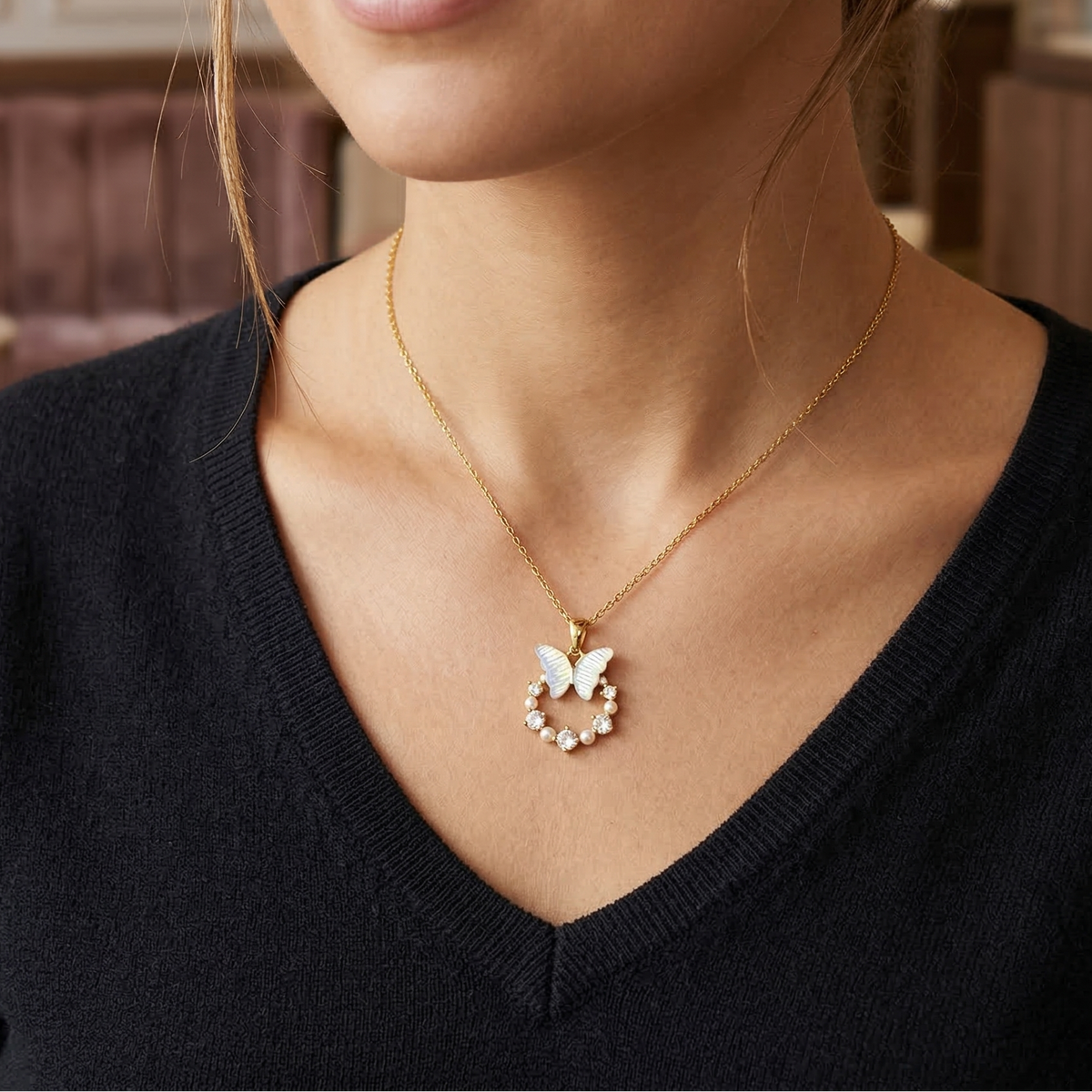 Butterfly & Pearl Circle Pendant – Graceful Sparkle for Your Neckline